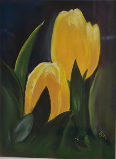 Dessin intitulée "Tulipes jaunes" par Francette Guittard, Œuvre d'art originale, Pastel