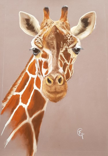 Rysunek zatytułowany „Girafe curieuse” autorstwa Francette Guittard, Oryginalna praca, Pastel Zamontowany na Szkło