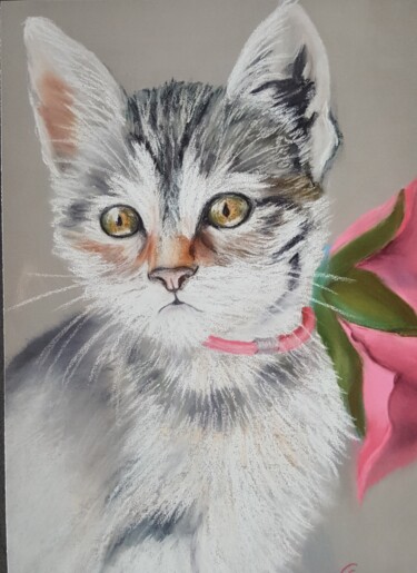 Malerei mit dem Titel "Petite chatte grise" von Francette Guittard, Original-Kunstwerk, Pastell