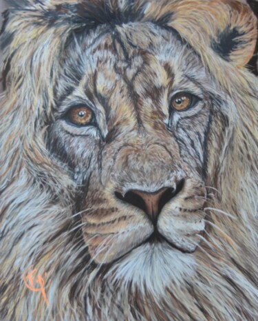 Dessin intitulée "Le Vieux Lion sage" par Francette Guittard, Œuvre d'art originale, Pastel
