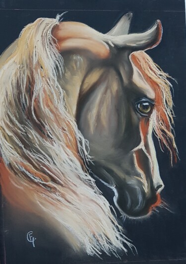 Drawing titled "Cheval dans le sole…" by Francette Guittard, Original Artwork, Pastel