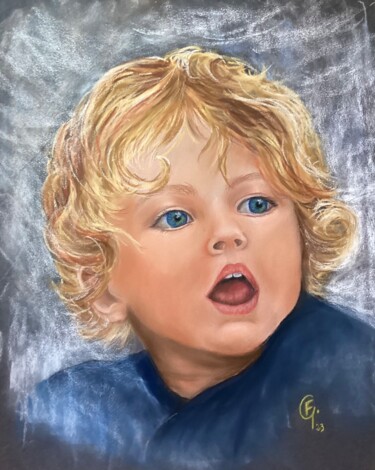 Drawing titled "Petit ange bleu" by Francette Guittard, Original Artwork, Pastel