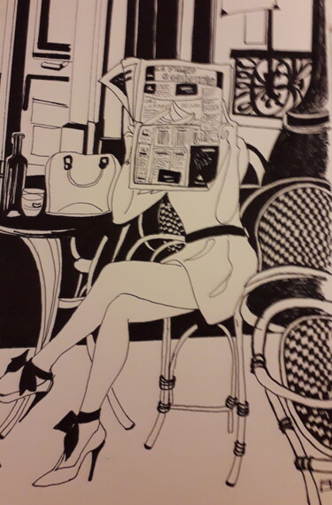 Tekening getiteld "Au café !" door Francine Bois, Origineel Kunstwerk, Inkt