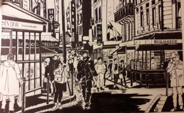 Desenho intitulada "La rue Mouffetard" por Francine Bois, Obras de arte originais, Tinta