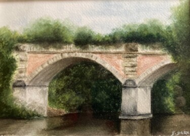 Painting titled "Sur un pont…." by Francine Darnaud, Original Artwork, Watercolor Mounted on Cardboard