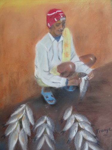 Peinture intitulée "Vendeur-de-poissons…" par Franye, Œuvre d'art originale, Pastel