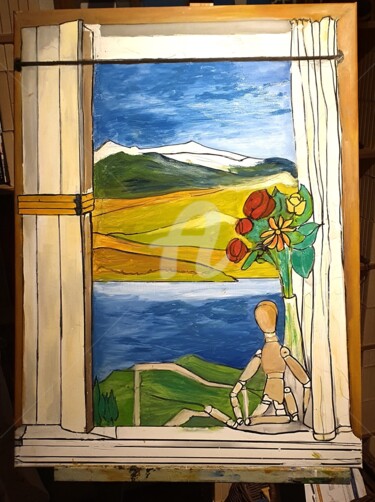 Painting titled "Vue du lac depuis m…" by Huertas, Original Artwork, Oil Mounted on artwork_cat.