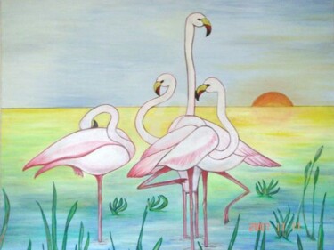 Painting titled "Les flamants roses…" by Huertas, Original Artwork, Oil