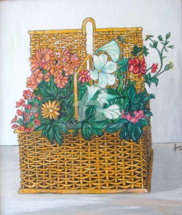 Painting titled "Le panier en osier" by Huertas, Original Artwork, Oil