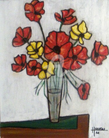 Painting titled "Bouquet de fleurs *…" by Huertas, Original Artwork, Oil Mounted on Other rigid panel
