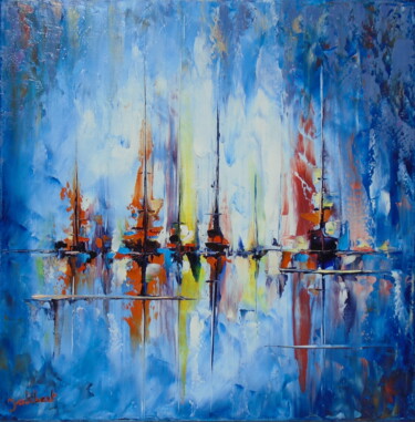 Painting titled "Bateaux à l'horizon…" by Francis Jalibert, Original Artwork, Oil Mounted on Wood Stretcher frame