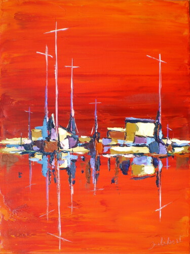 Painting titled "Bateaux sur fond ro…" by Francis Jalibert, Original Artwork, Oil Mounted on Wood Stretcher frame