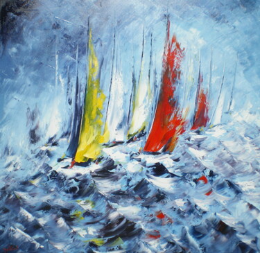 Painting titled "Régate de printemps…" by Francis Jalibert, Original Artwork, Oil Mounted on Wood Stretcher frame