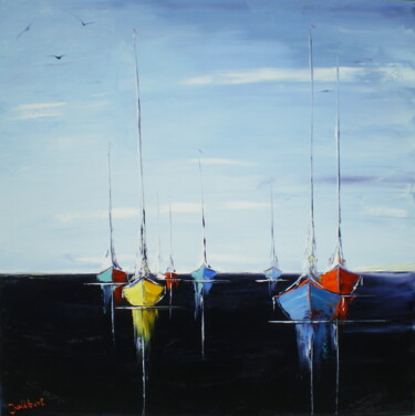 Schilderij getiteld "Mer calme (80x80 cm)" door Francis Jalibert, Origineel Kunstwerk, Olie