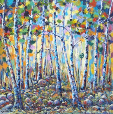 제목이 "Bouleaux dans la ro…"인 미술작품 Francis Jalibert로, 원작, 기름 나무 들것 프레임에 장착됨