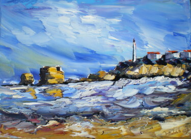 Painting titled "Le phare de Biarritz" by Francis Jalibert, Original Artwork, Oil Mounted on Wood Stretcher frame