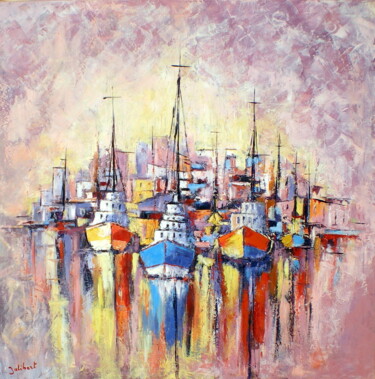 Peinture intitulée "Chalutiers au port" par Francis Jalibert, Œuvre d'art originale, Huile