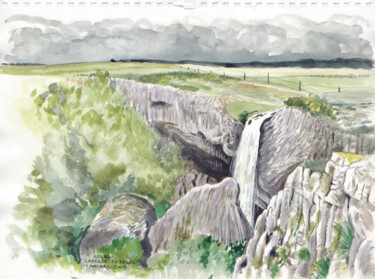 Painting titled "Cascade de Déroc" by Francis Macard, Original Artwork, Watercolor Mounted on Wood Stretcher frame