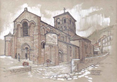 Drawing titled "Eglise de Chamalièr…" by Francis Macard, Original Artwork, Ink Mounted on Wood Panel