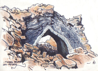 Peinture intitulée "Tunnel de lave vers…" par Francis Macard, Œuvre d'art originale, Encre Monté sur Panneau de bois