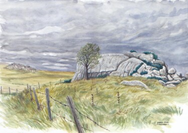 Painting titled "rochers en Aubrac" by Francis Macard, Original Artwork, Watercolor