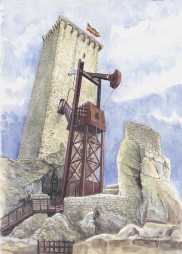 Painting titled "la tour d'Apcher" by Francis Macard, Original Artwork, Watercolor