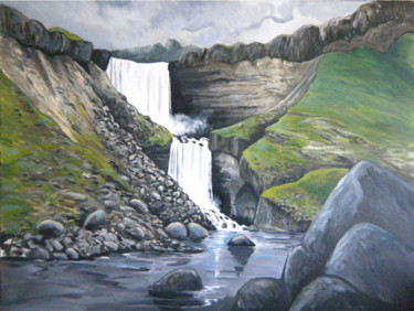 Peinture intitulée "Cascade en Islande" par Francis Macard, Œuvre d'art originale, Acrylique