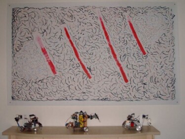 Painting titled "4 red lines" by Francis Simon, Original Artwork