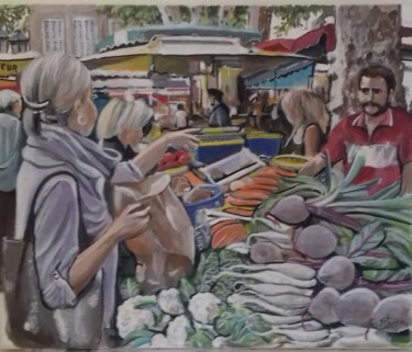 Painting titled "Le marché" by Francis Stanzione, Original Artwork, Acrylic Mounted on Wood Stretcher frame