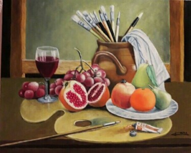 Painting titled "bodegon" by Francisco F, Original Artwork, Oil Mounted on Wood Stretcher frame