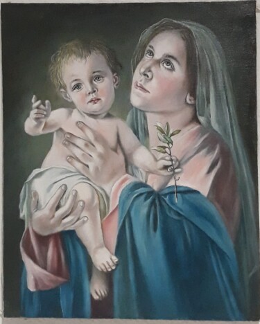 Painting titled "Virgen con niño" by Francisco F, Original Artwork, Oil Mounted on Wood Stretcher frame