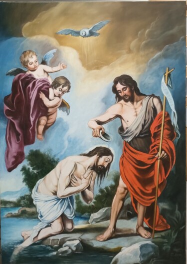 Malarstwo zatytułowany „Bautismo de Jesús” autorstwa Francisco F, Oryginalna praca, Olej Zamontowany na Drewniana rama noszy