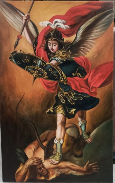 Painting titled "Arcángel San Miguel" by Francisco F, Original Artwork, Oil Mounted on Wood Stretcher frame