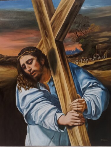 Painting titled "Cristo con la cruz…" by Francisco F, Original Artwork, Oil Mounted on Wood Stretcher frame