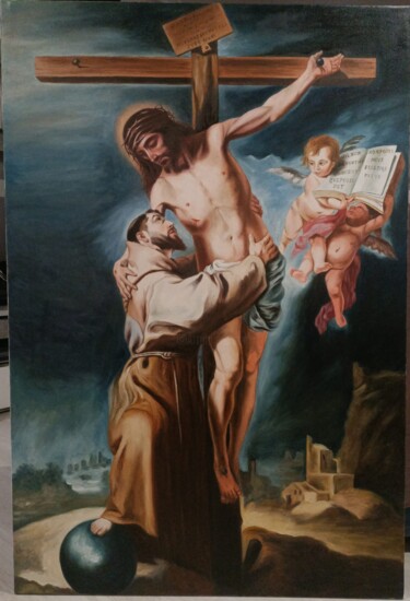 Pintura intitulada "San Francisco abraz…" por Francisco F, Obras de arte originais, Óleo Montado em Armação em madeira