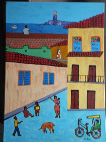 Painting titled "domingo-en-la-plaza…" by M.Tulù, Original Artwork, Acrylic