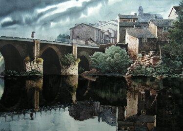 Pittura intitolato ""Puente sobre el Mi…" da Francisco Molina Balderas, Opera d'arte originale, Acquarello