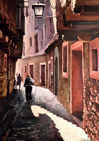 Schilderij getiteld ""Albarracín. Contra…" door Francisco Molina Balderas, Origineel Kunstwerk, Aquarel