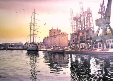 Pintura intitulada ""Ocaso en el Puerto…" por Francisco Molina Balderas, Obras de arte originais, Aquarela