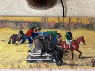 Painting titled "Encierros a caballo…" by Francisco Sánchez, Original Artwork, Oil Mounted on Wood Stretcher frame