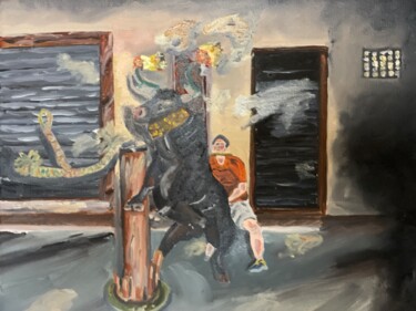Painting titled "Toro de fuego" by Francisco Sánchez, Original Artwork, Oil Mounted on Wood Stretcher frame