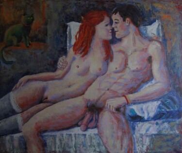 Painting titled "LOS AMANTES Y EL GA…" by Francisco Serrano Gutierrez, Original Artwork, Acrylic Mounted on Wood Panel