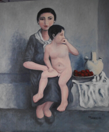 Painting titled "MATERNIDAD" by Francisco Serrano Gutierrez, Original Artwork, Oil Mounted on Wood Stretcher frame