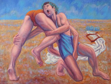 Painting titled "LUCHA GRECORROMANA" by Francisco Serrano Gutierrez, Original Artwork, Oil Mounted on Wood Stretcher frame