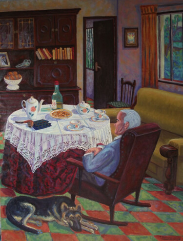 Painting titled "EL COMEDOR" by Francisco Serrano Gutierrez, Original Artwork, Oil Mounted on Wood Stretcher frame