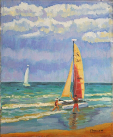 Painting titled "CATAMARAN (COSTABAL…" by Francisco Serrano Gutierrez, Original Artwork, Oil Mounted on Wood Stretcher frame