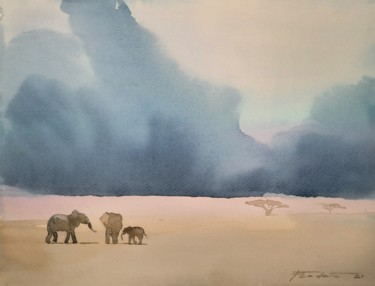 Painting titled "Elephants" by Francisco Cadete, Original Artwork, Watercolor