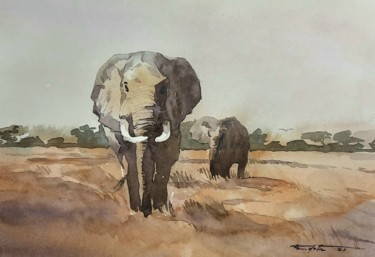 Картина под названием "2 Elephants" - Francisco Cadete, Подлинное произведение искусства, Акварель