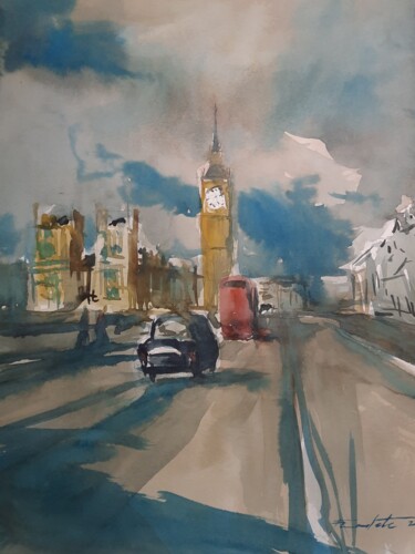 Painting titled "Big Ben 2" by Francisco Cadete, Original Artwork, Watercolor