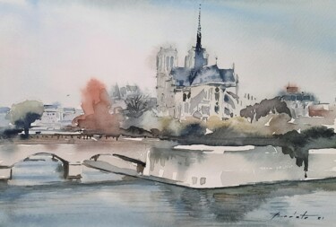 Картина под названием "Notre Dame" - Francisco Cadete, Подлинное произведение искусства, Акварель